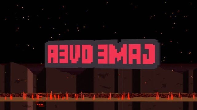 Starting angled, floating 3D GAME OVER sign rotating slowly and scaling, revealing readable message