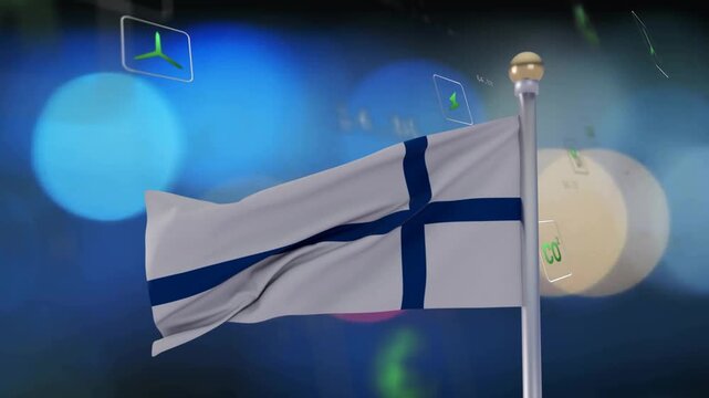 White flag with dark blue cross unrolling and rippling after breeze, highlighting green app icons