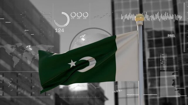Wind starting green flag crescent-star unfolding while HUD gauge and globe animating showing data