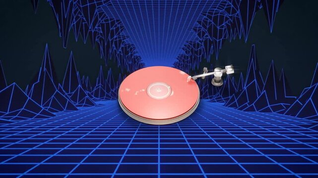 Camera zooming, disc rotating and scaling toward viewer, tonearm tracking closer to show playback