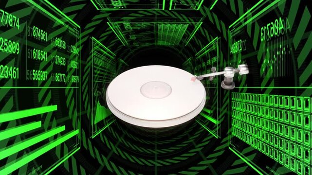 Data panels appearing, white platter rotating while silver tonearm advancing, showing data playback
