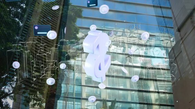 Pale 3D dollar hologram appearing center growing rotating tilting while orbiting tokens for finance