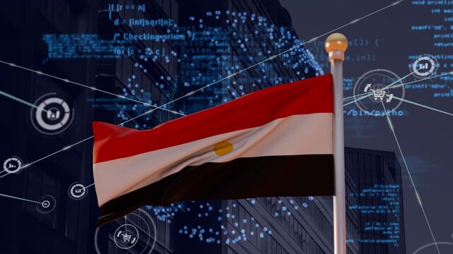Waving tricolor flag reacting to light breeze, folding while digital network visualizing commerce