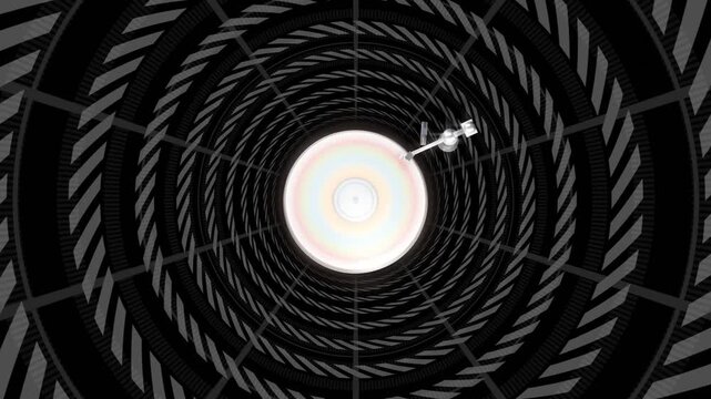 Central disk pulsing, tether extending, white-suited figure circling clockwise while checking shaft