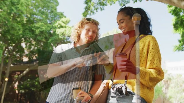 Man tapping phone, woman viewing screen while walking under trees, overlay showing travel pictures