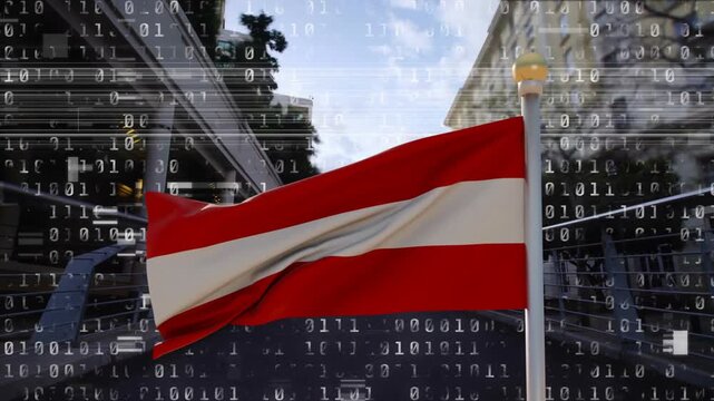 Gusts starting red-white-red flag fluttering and unfurling, binary digits streaming across bridge