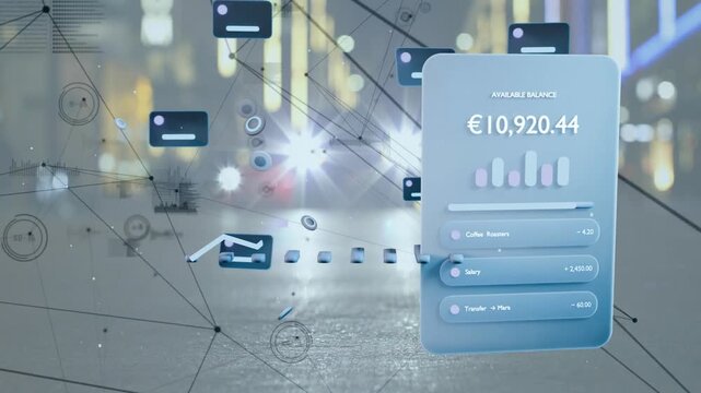 On start banking panel sliding in, tokens orbiting, line graph rising, showing balance &euro;10,920