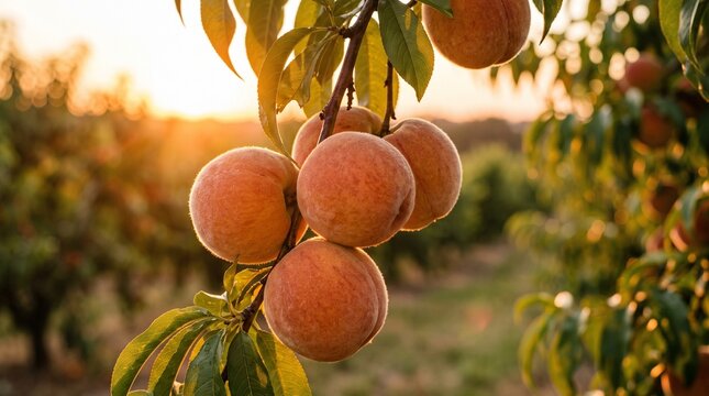 Ripe peaches growing on tree branches in sunny orchard during golden hour