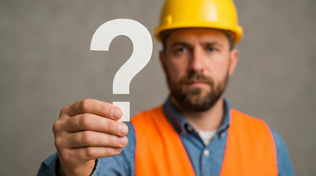 Worker Professional holding Question mark, Question mark concept, concept for assessments, test, exam, quiz, puzzle, knowledge checks backgrounds, concept of help, concept of solution.