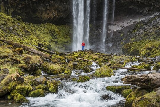 Young woman, hiker stands in front of a high waterfall, water falls down, Tamanawas Falls, Wild River Cold Spring Creek, Oregon, USA