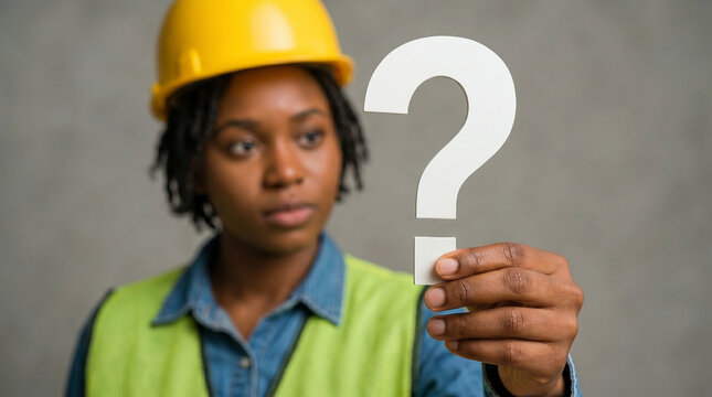 Worker  holding Question mark, Question mark concept, concept for assessments, test, exam, quiz, puzzle, knowledge checks backgrounds, concept of help, concept of solution.