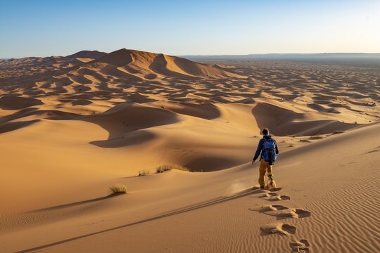 Young man walks on a sand dune, dune landscape Erg Chebbi, Merzouga, Sahara, Morocco