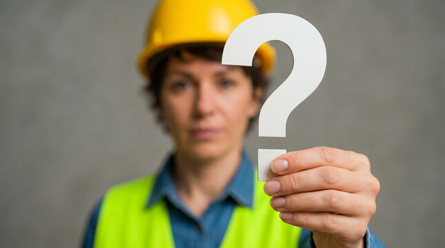 Worker holding Question mark, Question mark concept, concept for assessments, test, exam, quiz, puzzle, knowledge checks backgrounds, concept of help, concept of solution.