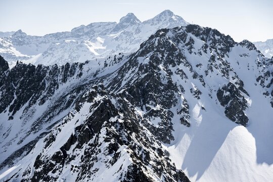 Peaks and mountains in winter, Sellraintal, Stubai Alps, K&uuml;htai, Tyrol, Austria