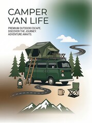 Obraz premium Camper van life illustration with a roof tent parked in a forest with mountains and camping gear for an outdoor travel adventure