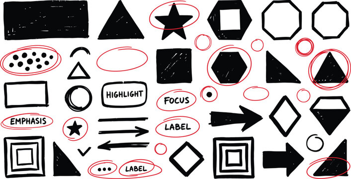 Hand drawn infographic element set, black geometric shapes with red highlight circles, correction marks, presentation chart graphics, sketch diagrams