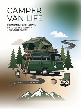 Camper van life illustration with a roof tent parked in a forest with mountains and camping gear for an outdoor travel adventure
