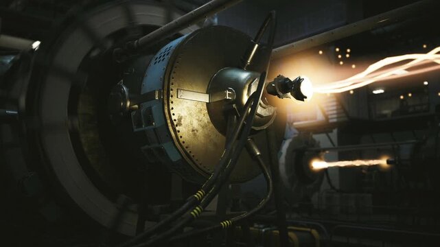 Major overhaul scene showing partial disassembly of turbine with glowing test plume, scaffolding and tool crates scattered, handsoff heavy engineering