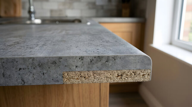 Kitchen Countertop Cross Section Showing Gray Stone Effect Laminate | Particle Board Core and Worktop Construction | Modern Home Renovation Materials | Close-up of Furniture Manufacturing Surface