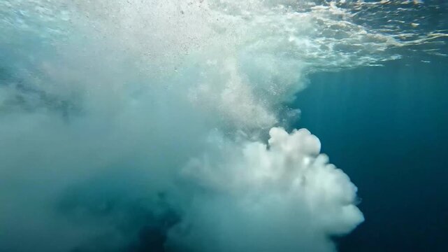 Underwater view of turbulent white foam and bubbles in deep blue ocean.