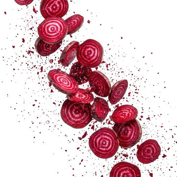 Slices of fresh beet falling isolated on transparent background