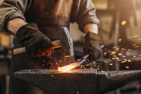 Blacksmith hammering red hot metal on an anvil, creating sparks in traditional metal refining workshop