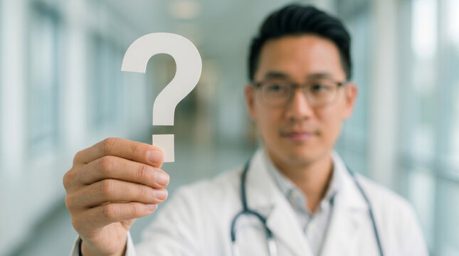 Doctor holding Question mark, Question mark concept, concept for assessments, test, exam, quiz, puzzle, knowledge checks backgrounds, concept of help, concept of solution.