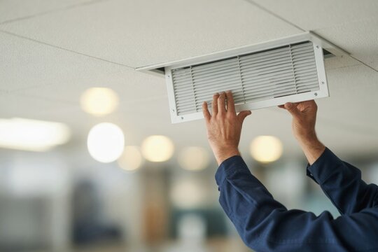 Technician hands installing or replacing hvac air conditioning vent filter on a ceiling for maintenance and clean air