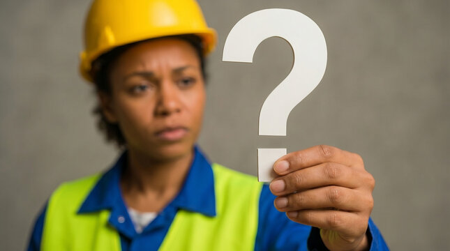 Worker holding Question mark, Question mark concept, concept for assessments, test, exam, quiz, puzzle, knowledge checks backgrounds, concept of help, concept of solution.
