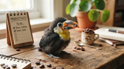 Fototapeta premium Baby toucan on a wooden desk with coffee beans and productivity notepad for cozy office background and poster design