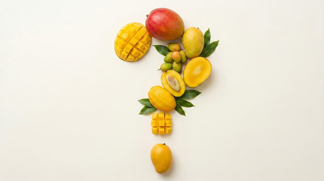 Question mark made up of mango Healthy Food Question Concept with Fresh Fruits on White, Question Mark Made of Fresh Fruits Isolated on White Background