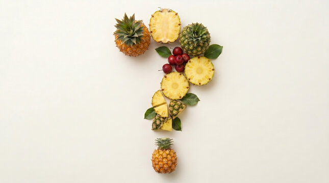Question mark made up of pineapple Healthy Food Question Concept with Fresh Fruits on White, Question Mark Made of Fresh Fruits Isolated on White Background