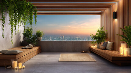 Fototapeta premium Serene urban balcony creating a relaxing spa like environment with glowing candles and lush plants, offering a tranquil escape from city life at beautiful sunset