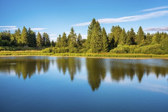 Trout pond under blue sky, forest reflected, Vogelsberg Volcanic Region nature park Park, Hesse, Germany