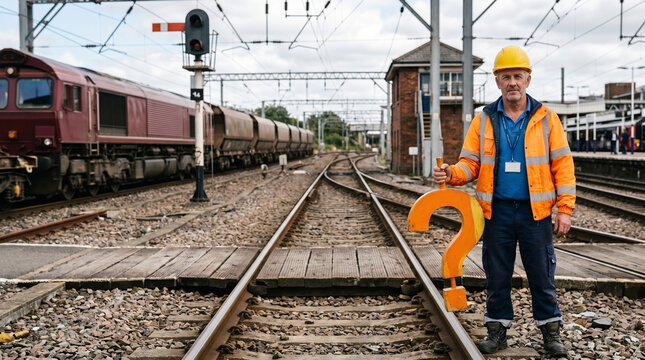 Railway worker holding Question mark, Question mark concept, concept for assessments, test, exam, quiz, puzzle, knowledge checks backgrounds, concept of help, concept of solution.