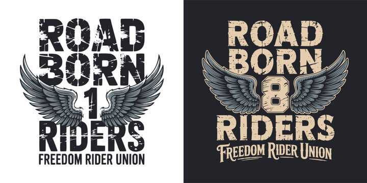 Vintage motorcycle club emblem with wings and bold distressed typography
