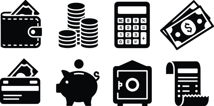 Business finance and banking investment product icon set black silhouette isolated on white background for financial design
