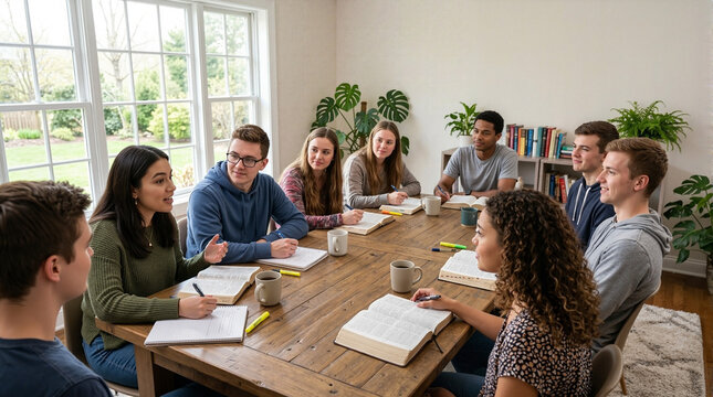 Group of young adults reading the bible and engaging in discussion at wooden table with notebooks and coffee mugs. Bible study group includes diverse participants sharing thoughts and insights.