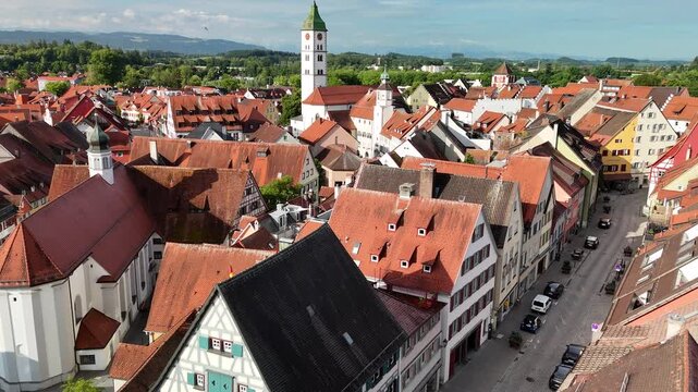 Aerial drone flight over Wangen im Allg&auml;u old town roofs in Germany