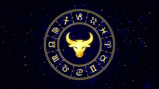 Taurus zodiac sign in golden wheel, astrological horoscope symbols on starry night background, celestial mystical animation for fortune telling