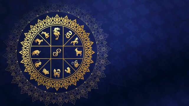 Chinese zodiac wheel with golden animal icons, luxury oriental mandala background, lunar new year astrology symbols on blue