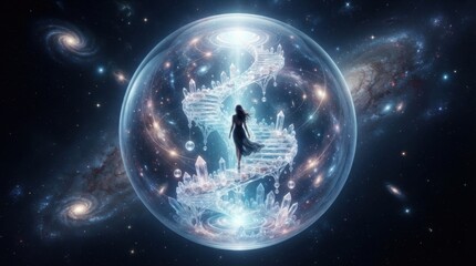 Fototapeta premium Woman ascending a crystal spiral staircase inside a glass sphere with galaxies in the background for surreal cosmic wallpaper and fantasy background