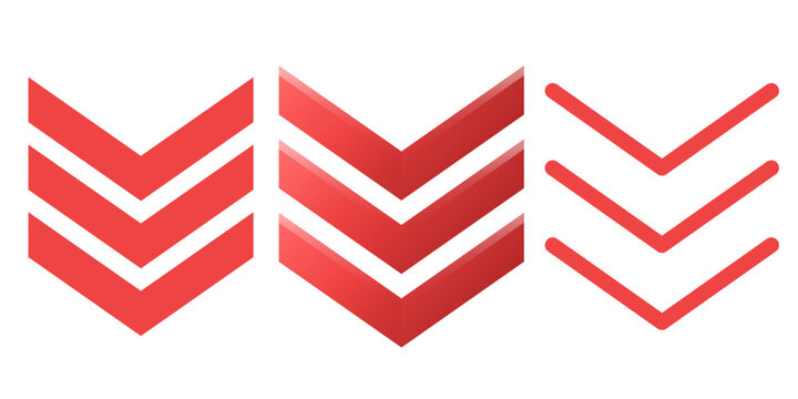Red Downward Chevron Arrow Icon Set Vector Collection, Modern Minimal Navigation Symbols Pack