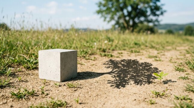 Concrete cube casting a tree-shaped shadow on a sunlit dirt field background for surreal outdoor concept and design