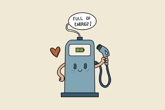 Cute electric vehicle charger cartoon full of energy message