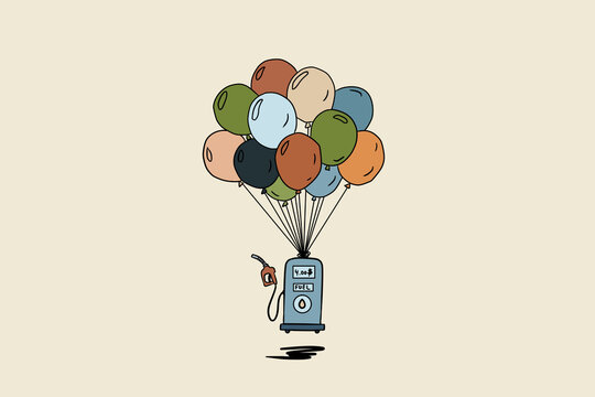 Vintage fuel pump lifted by balloons on beige background
