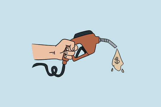 Hand holding fuel nozzle dripping money on blue background