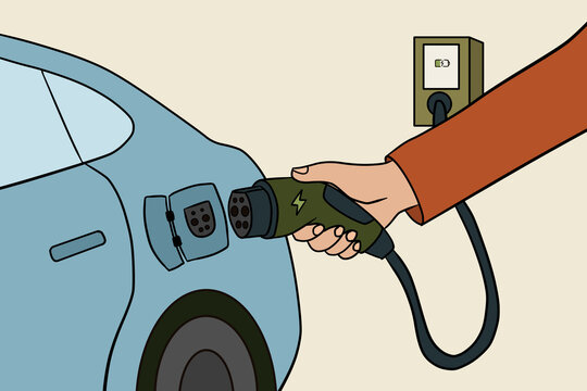 Electric car charging with plug and cable, clean energy