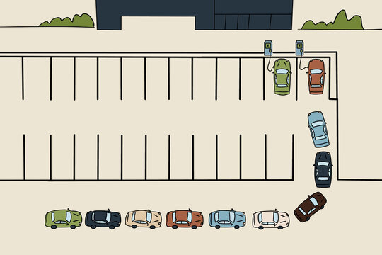 Aerial view of parking lot with cars and charging station