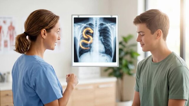 Woman nurse pointing to chest X-ray revealing dragon shaped obstruction in lungs during consultation with teenage boy. Awareness concept for world asthma day and allergy prevention